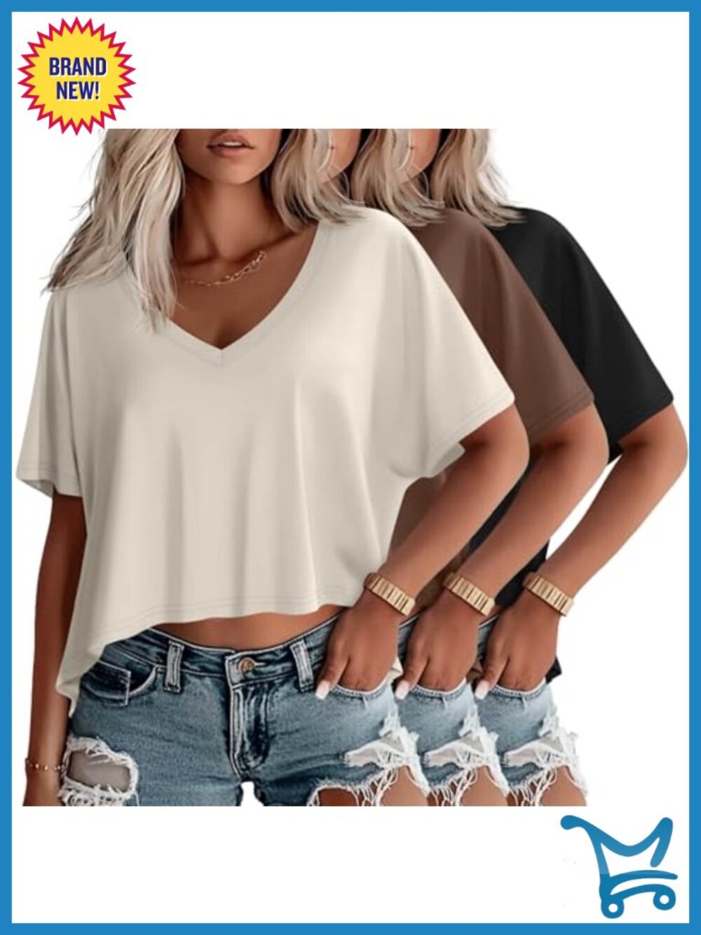 Oversized V Neck Crop T Shirts Boxy Tees 3 Pack Casual